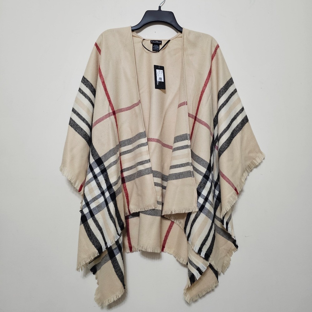 FRAAS Women's Poncho One Size Biege Black Red Plaid Long Sleeves Open Front 1050